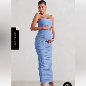 MY LADY MATERNITY POWDER BLUE STRAPLESS BODYCON RUCHED MESH MAXI DRESS